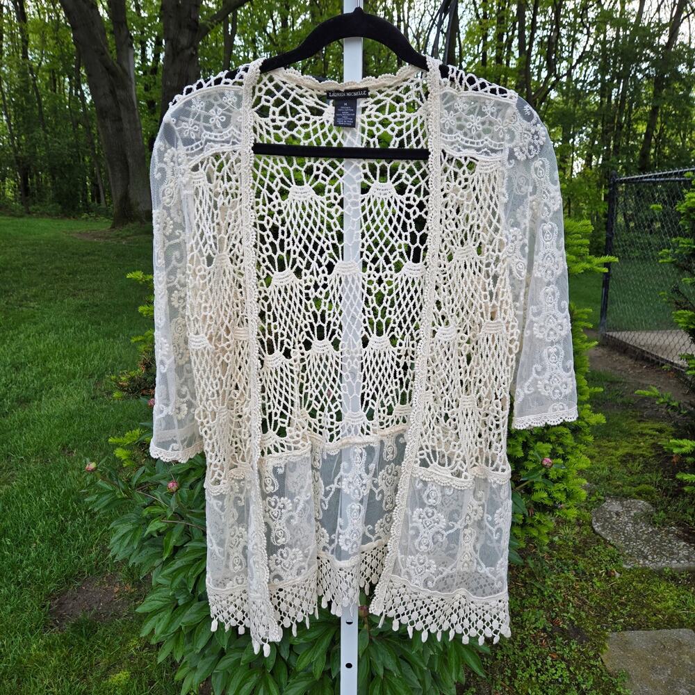Delicate Ivory Crochet and Lace Cardigan by Lauren Michelle size Medium